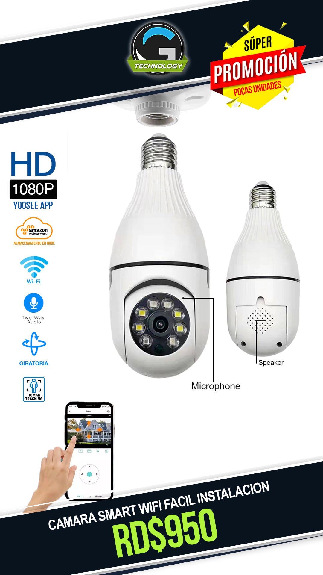 Camara Wifi SMART tipo bombillo E27 app: YooSee