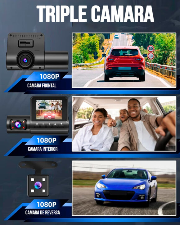 Camara para vehiculo DASHCAM grabación dentro y fuera TRIPLE LENTE - Imagen 3